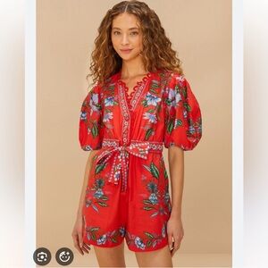 FARM Rio Red Floral Puff-Sleeve Romper